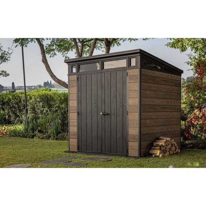 Keter 7′ x 7′ Walnut Signature Pent Plastic Shed – Walnut Woodlook-oakleysgardenmachine- Free shipping