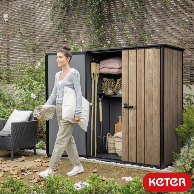 Keter 4.5′ x 2′ Ashwood Signature Alto Heavy Duty Vertical Plastic Garden Shed with Shelves – Woodlook-oakleysgardenmachine- Free shipping