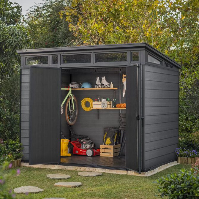 Keter 9’x 7′ Cortina Heavy Duty Plastic Pent Shed – Dark Grey-oakleysgardenmachine- Free shipping