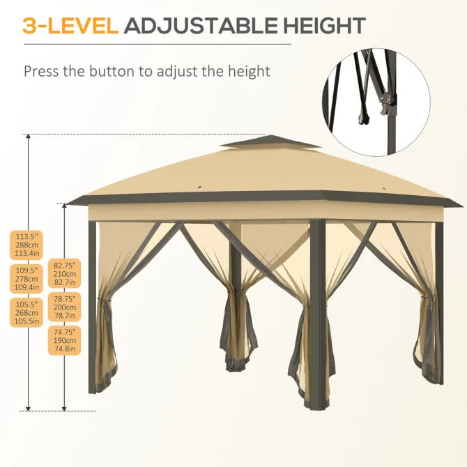 Outsunny 330cm x 330cm Pop Up Canopy, Double Roof Foldable Canopy Tent with Zippered Mesh Sidewalls, Height Adjustable, Beige